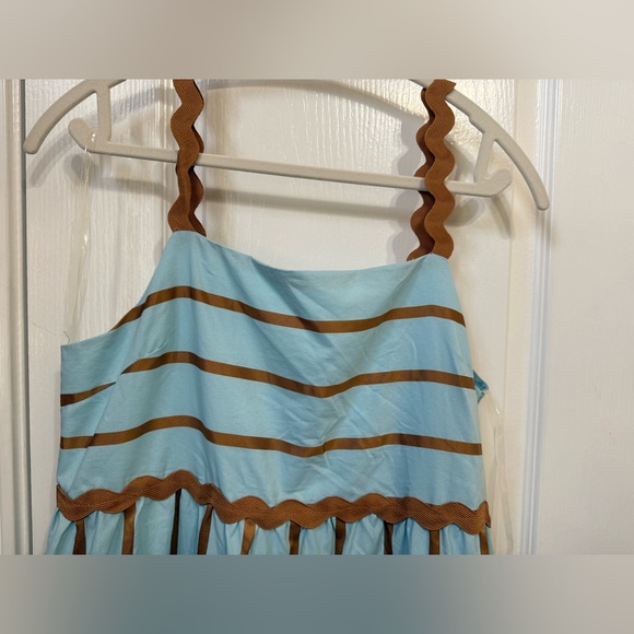 H082 Entro L pp18 unstretched Scalloped Light Blue and Tan Mini Dress side zip - Picture 4 of 12